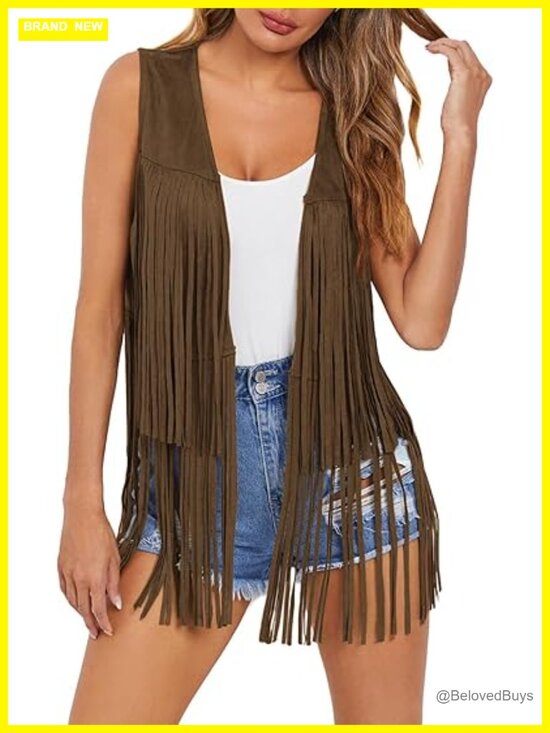 Jackets & Blazers - Faux Suede Fringe Vest Sleeveless Tassel Western Cowgirl Outerwear